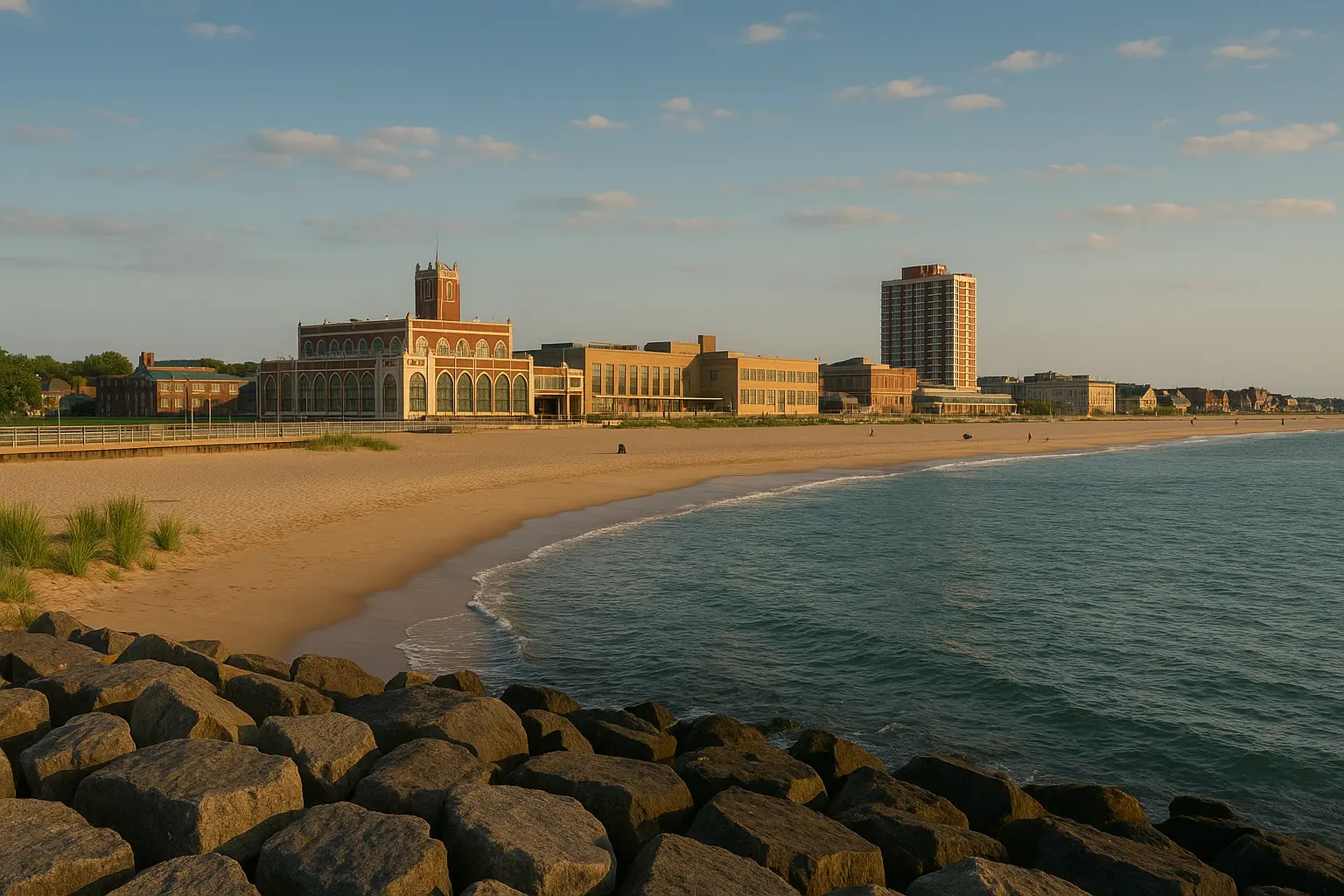 Asbury Park beach view with historic architecture and shoreline, ideal for cannabis shop visits.