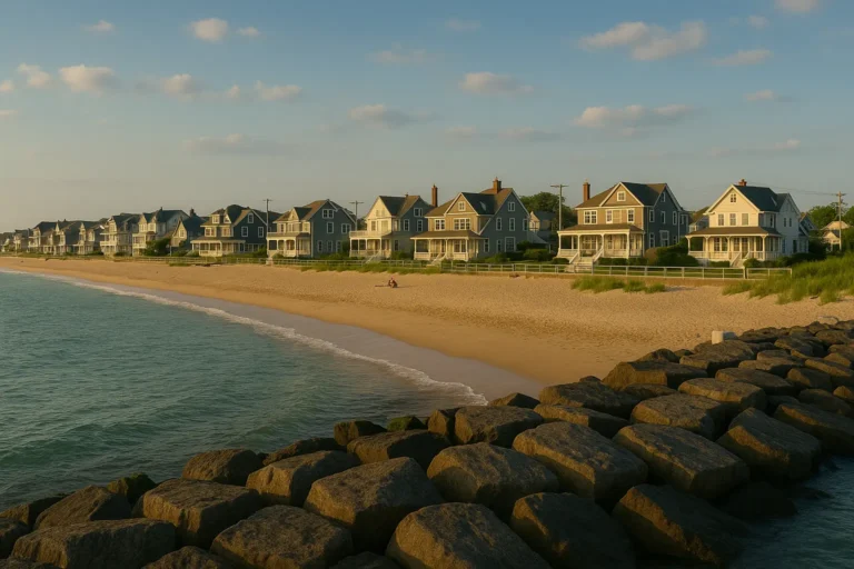 Scenic beach view of Avon-by-the-Sea with charming homes and rocky shoreline.