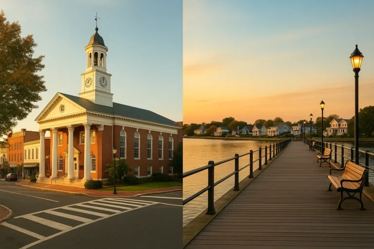 Historic Neptune City architecture and scenic waterfront pier at sunset.