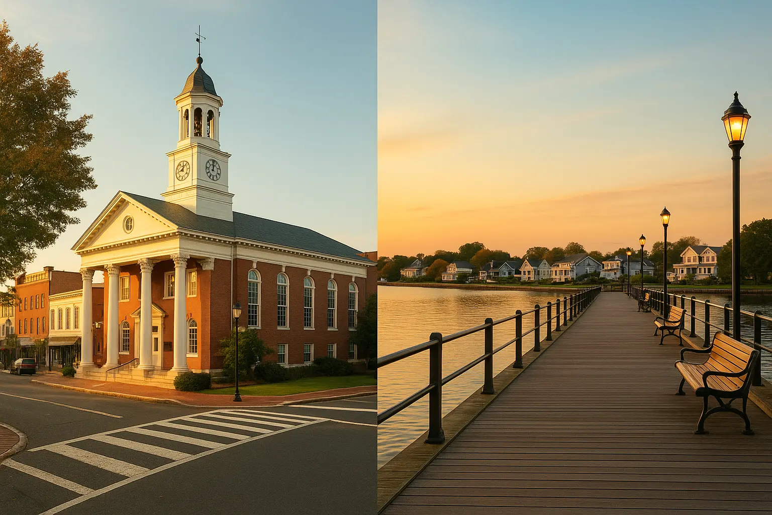 Historic building and waterfront pier at sunset, showcasing Neptune City’s charm and coastal vibe.