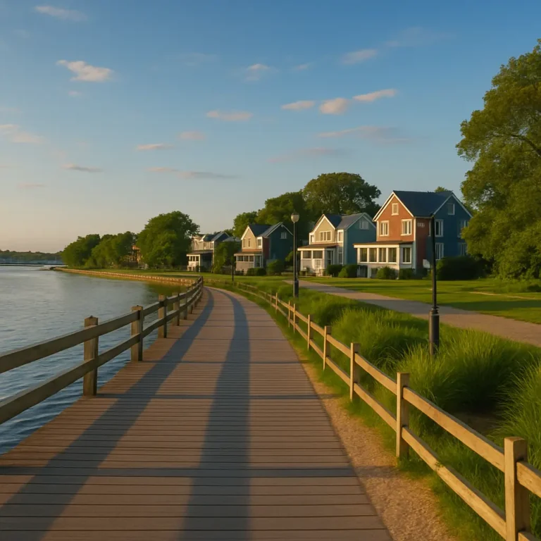 Scenic waterfront path in Neptune City, showcasing charming homes and lush greenery.