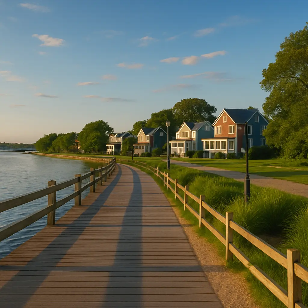 Scenic waterfront path with coastal homes, inviting atmosphere for Neptune City visitors.