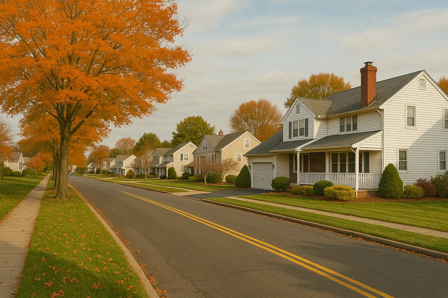 Residential street lined with autumn trees and houses, showcasing a peaceful neighborhood vibe.