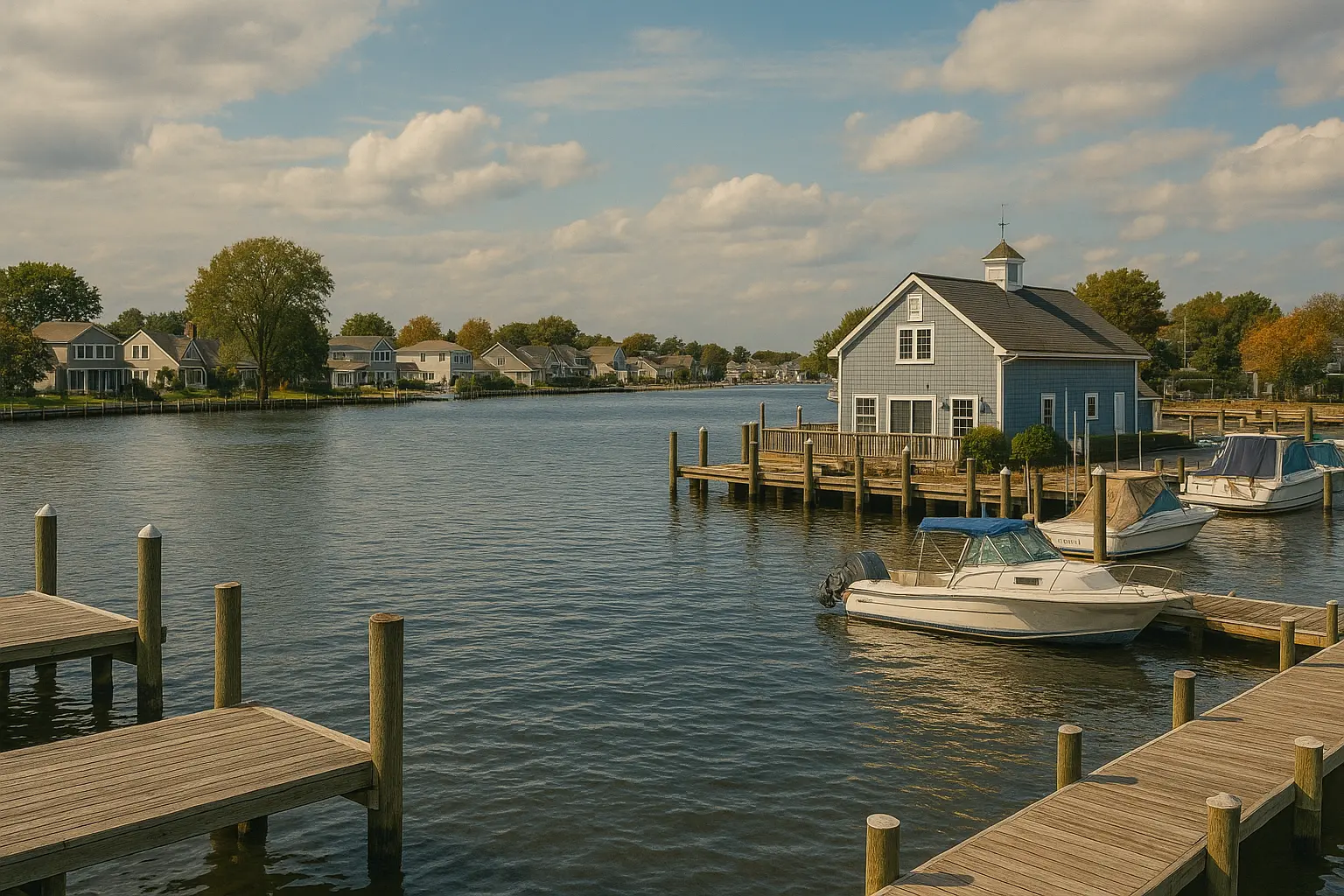 Scenic waterfront view of Neptune City, featuring boats and charming homes, ideal for cannabis shoppers.