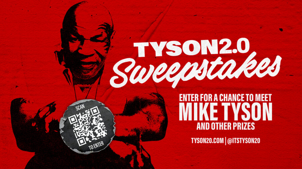 Tyson 2.0 Sweepstakes graphic featuring Mike Tyson, QR code for entry, and bold red background.