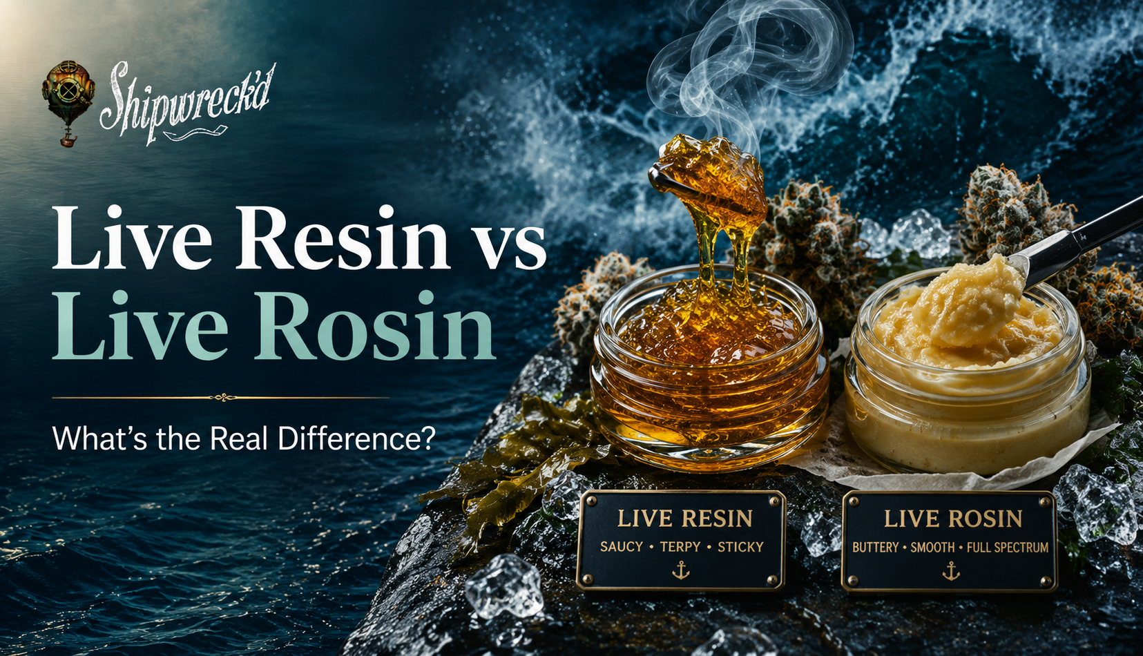 Live resin and live rosin concentrates displayed with cannabis buds, Neptune City dispensary.