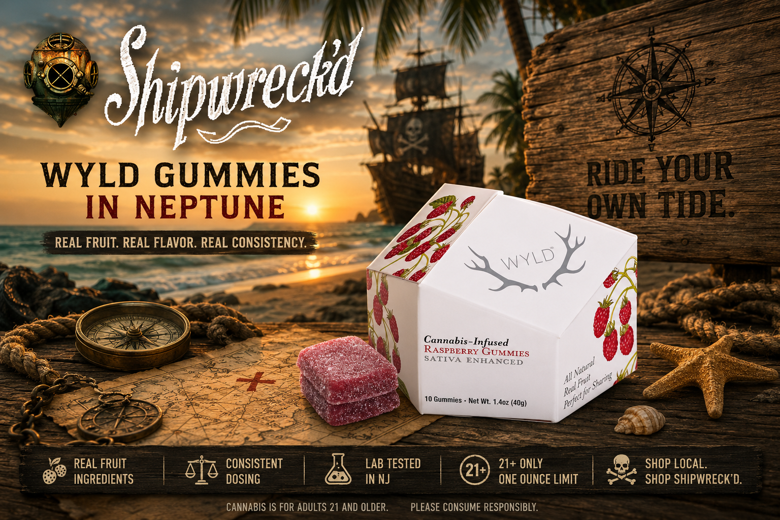 WYLD gummies display at Shipwreck’d dispensary in Neptune City, NJ; premium shore cannabis shop.
